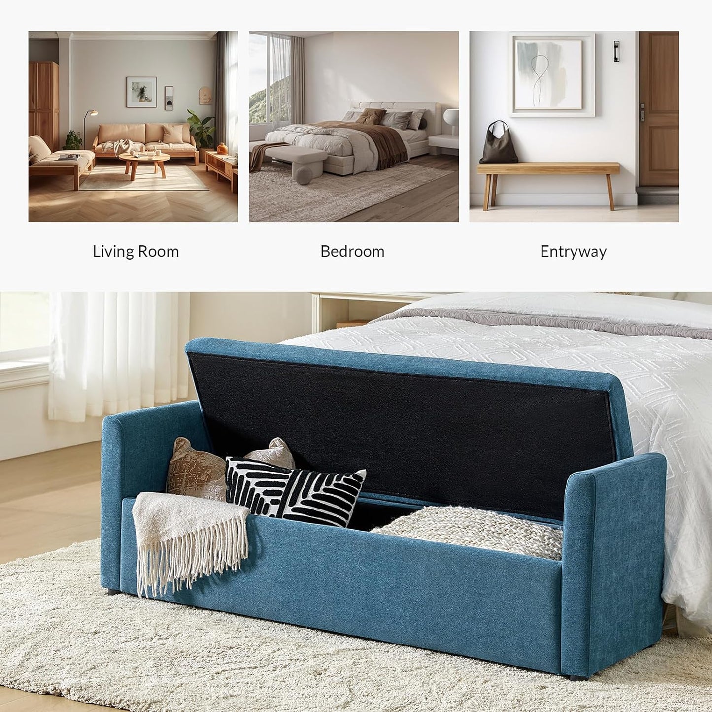 HULALA HOME Modern Storage Bench with Throw Pillows, 59.4" Extra Long Bedroom Ottoman Bench for End of Bed, Comfy Upholstered Footstool for Entryway Dining Room Living Room, Teal