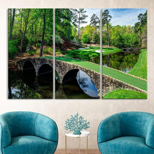 Nature Wall Art Prints - Ocean Forest Mountain Lake Canvas Landscapes - Small to Extra Large Living Room Bedroom Kitchen Bathroom Décor (Golf Course with Stone Bridge, 35L" x 53W" - 3 Panels)
