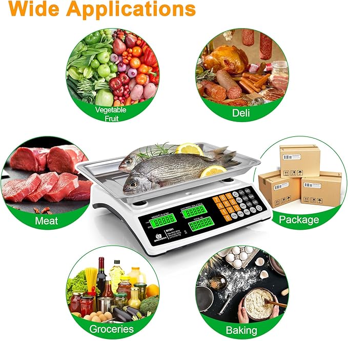 Price Computing Scale 88lb/40kg Commercial Food Scale for Produce Meat with Stainless Steel Large Platform, LCD Display, and Green Bright Backlight for Farmers Markets, Deli, （Not for Trade）