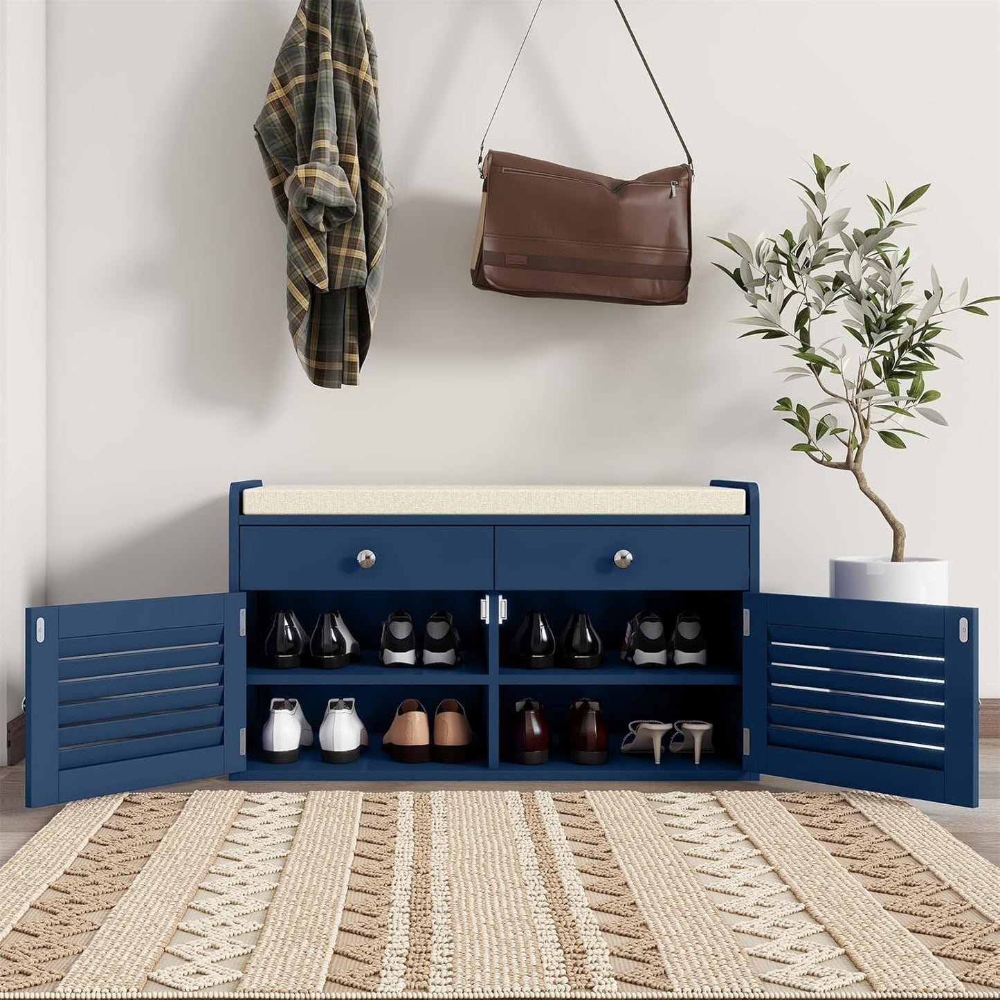 Shoe Storage Bench with 2 Drawers & 2 Doors, Entryway Bench with Cushion, 2 Adjustable Shelves, Shoe Cabinet for Entryway, Living Room, Hallway, Mudroom, Bedroom, Blue