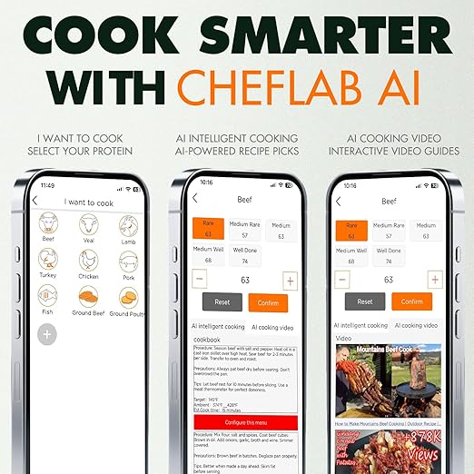 AI Digital Meat Thermometer, 500 ft Long Range Bluetooth Grill Thermometer for Smoker, Oven, BBQ, Digital Food Thermometer for Kitchen Cooking (Single Probe)