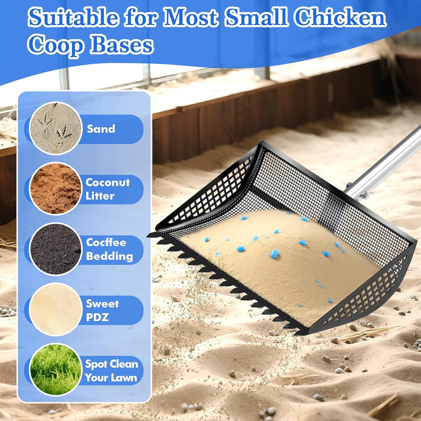 12 Inch Chicken Poop Scooper & Rake 2-in-1, Large Metal Shovel Head, Rubber Handle Stainless Steel Chicken Litter Scoop for Chicken Coops, Litter Screening Scoop (35 to 65in) US Patent Pending (Black)