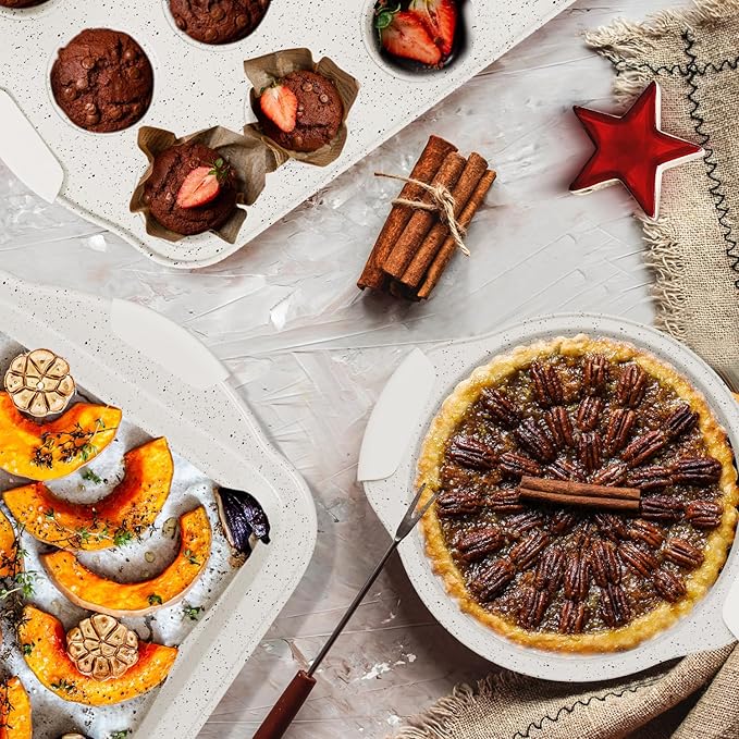 11-Piece Kitchen Nonstick Stackable Bakeware Set, Non Toxic Bakeware Sets with Silicone Handles, Includes Cookie Sheets, Cake Pan, Loaf Pan, Pizza Pan, Muffin Pan, White