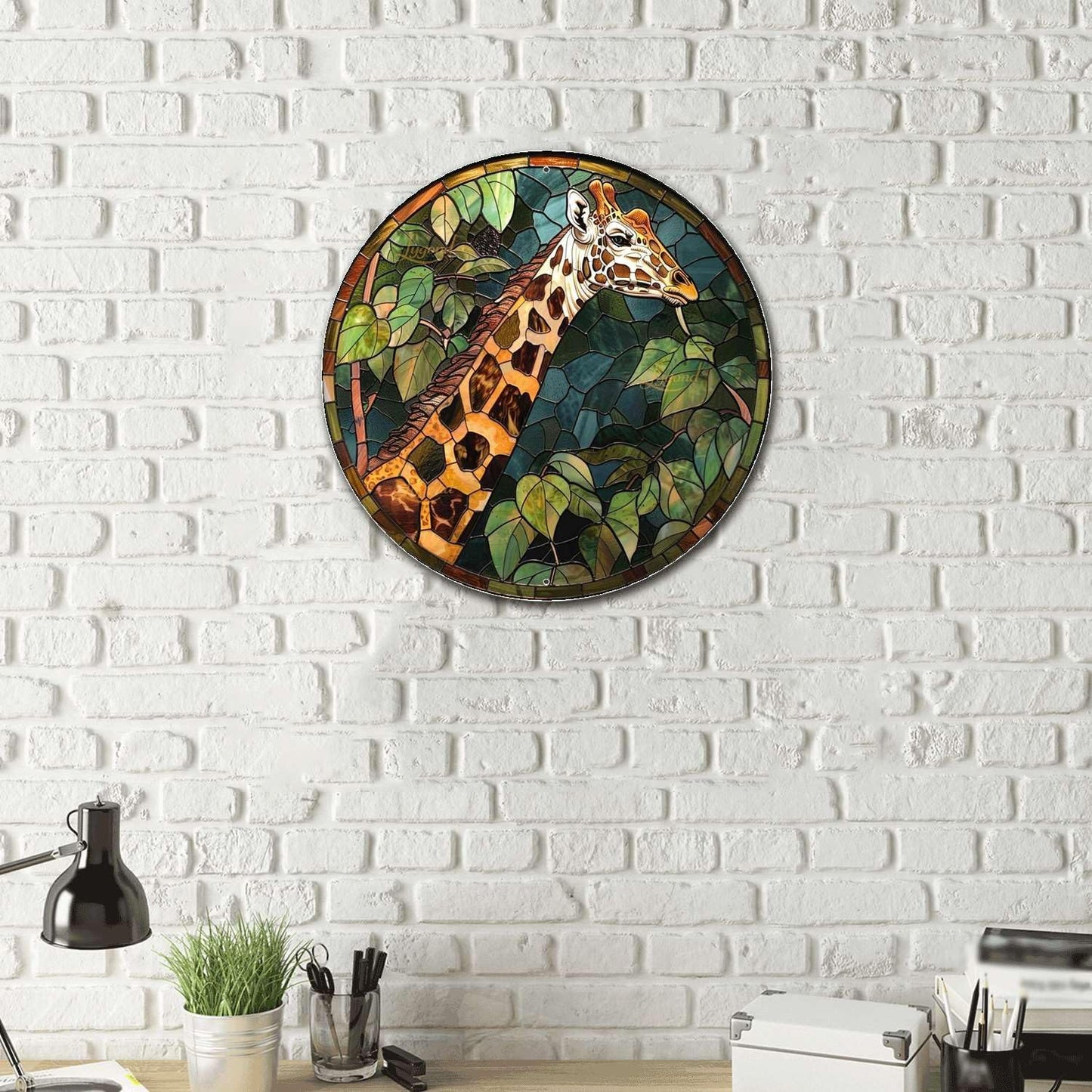 Lygond Metal Sign Tin Sign Circular Stained Glass Giraffe Funny Sign for Patio 12×12 Inches