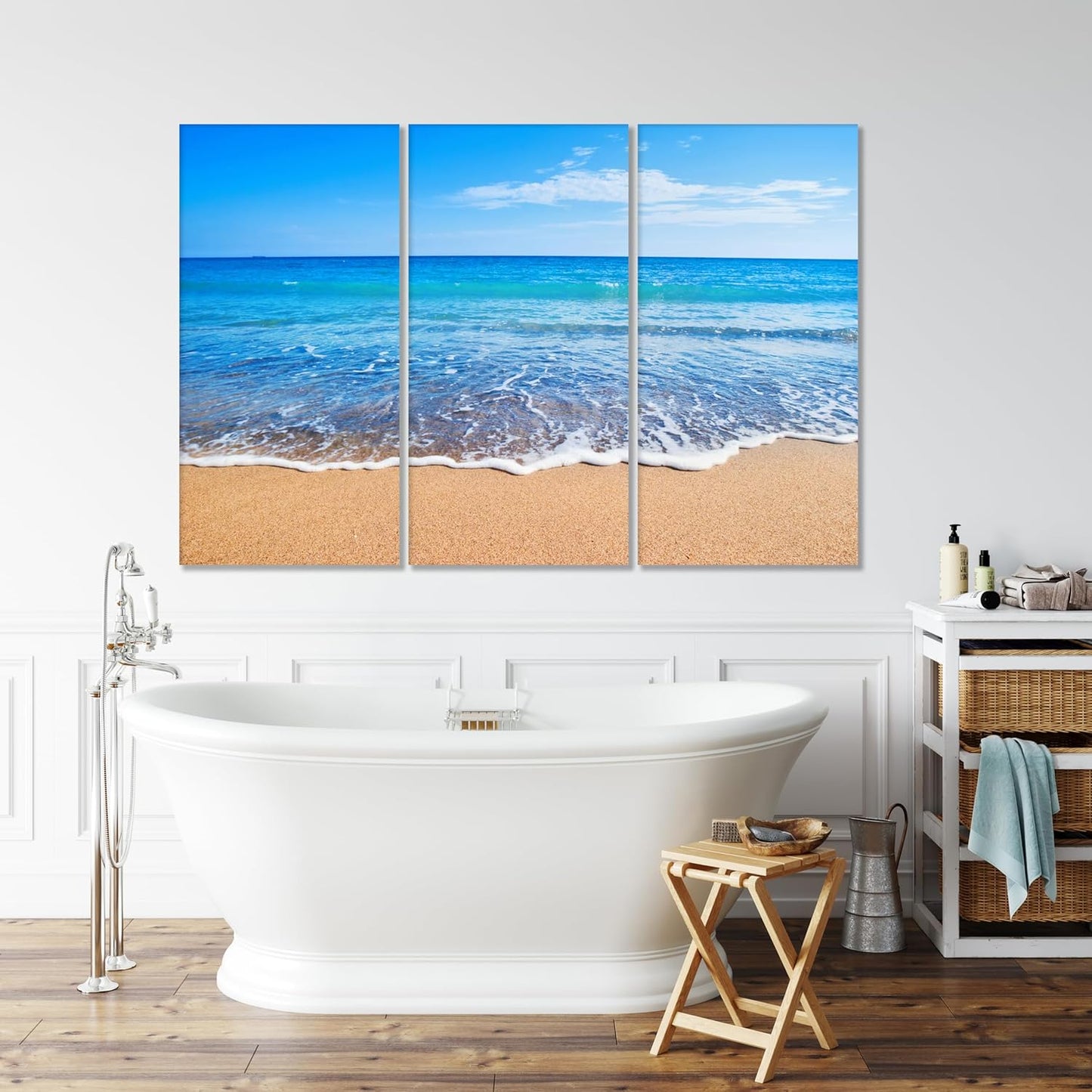 Nature Wall Art Prints - Ocean Forest Mountain Lake Canvas Landscapes - Small to Extra Large Living Room Bedroom Kitchen Bathroom Décor (Sandy Ocean Beach, 35L" x 53W" - 3 Panels)