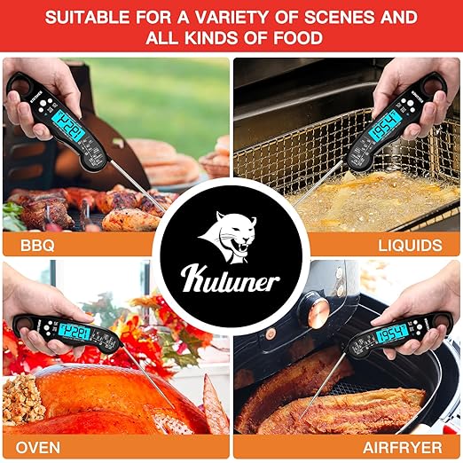 KULUNER TP-01 Waterproof Digital Instant Read Meat Thermometer with 4.6 Folding Probe Backlight Calibration Function for Cooking Food Candy, BBQ Grill, Liquids,Beef(Black)