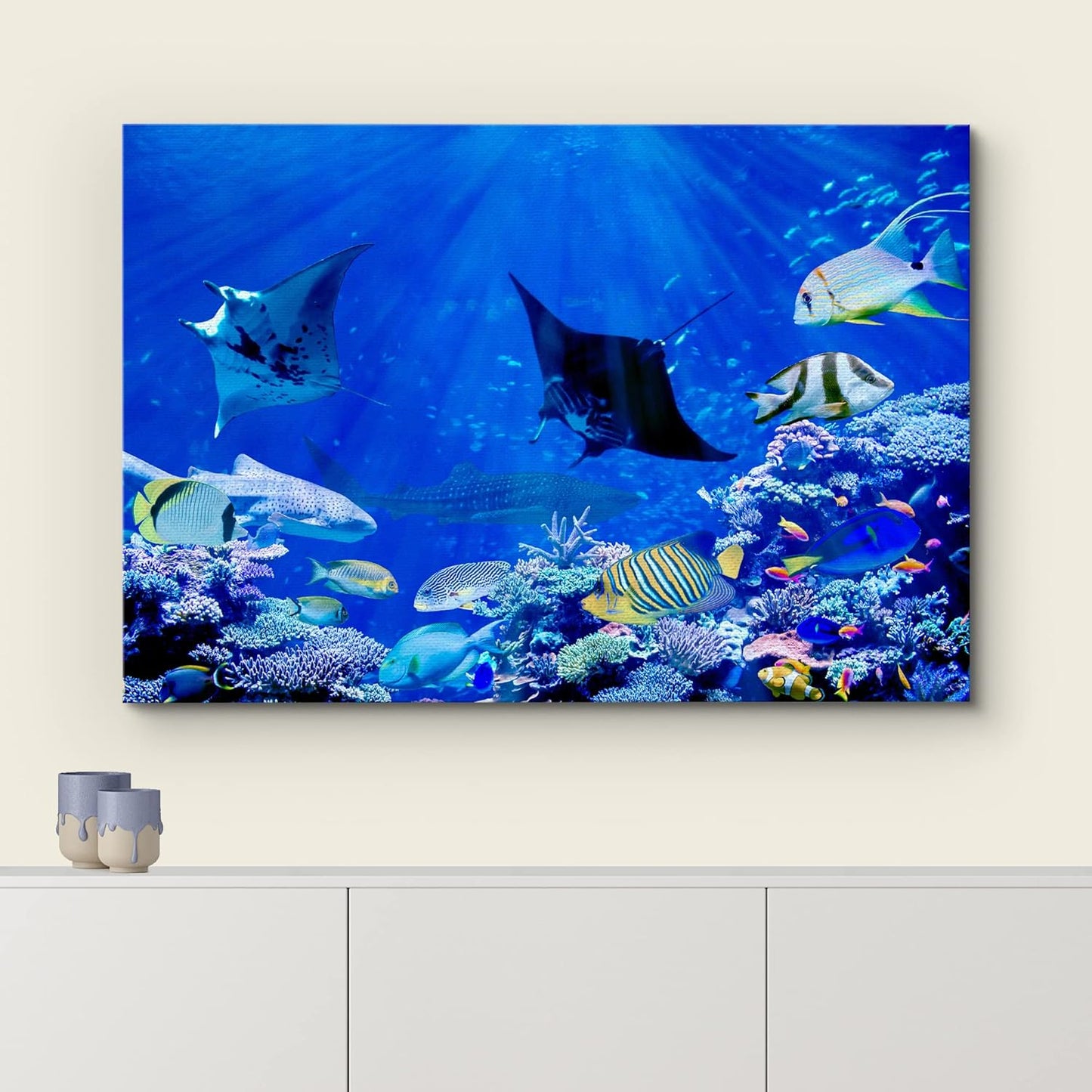 wall26 Canvas Print Wall Art Vibrant Sunlight Ray Ocean Shark Fish Reef Nature Animals Photography Realism Rustic Scenic Landscape Wilderness Earth for Living Room, Bedroom, Office - 24"x36"
