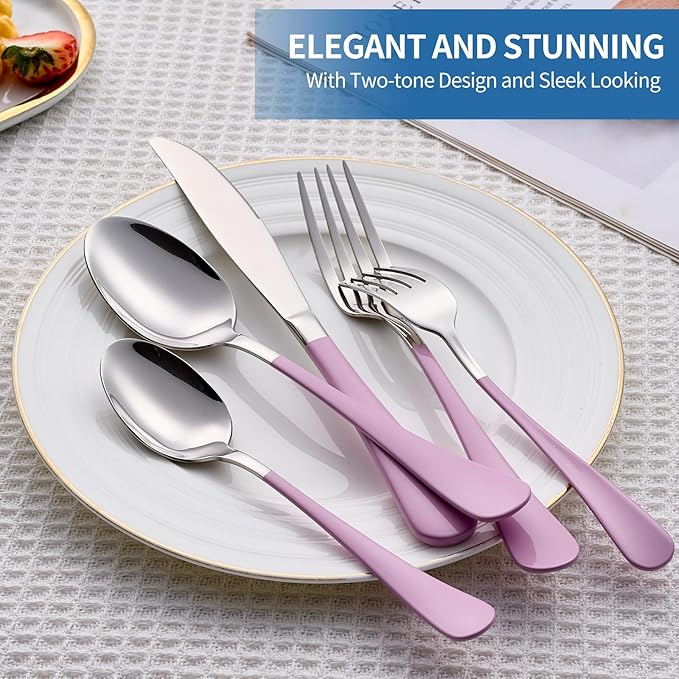 20-Piece Light Purple Silverware Set, 18/0 Stainless Steel Purple Handle Flatware Set, Service for 4, Modern Cutlery Set Includes Dinner Knives Forks Spoons, Mirror Polished, Dishwasher Safe