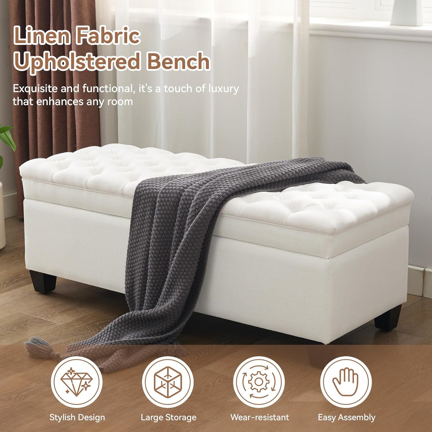 51" Fabric Storage Ottoman Bench, Upholstered Rectangle End of Bed Storage Ottoman Tufted Living Room Bedroom Bench with Safety Hinge, Solid Wood Legs, Loads 500 lb(Beige)