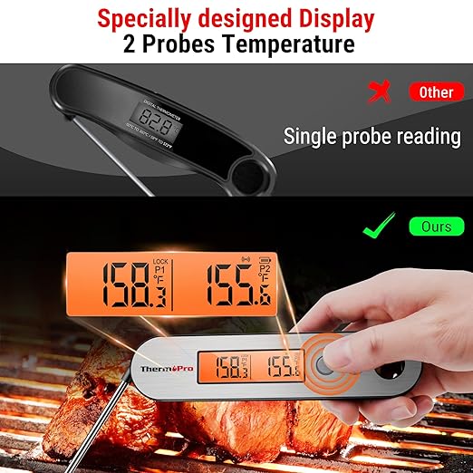 ThermoPro TP610 Digital Meat Thermometer for Cooking, Rechargeable Instant Read Food Thermometer with Rotating LCD Screen, Waterproof Cooking Thermometer with Alarm for Grilling, Smoker, BBQ, Oven