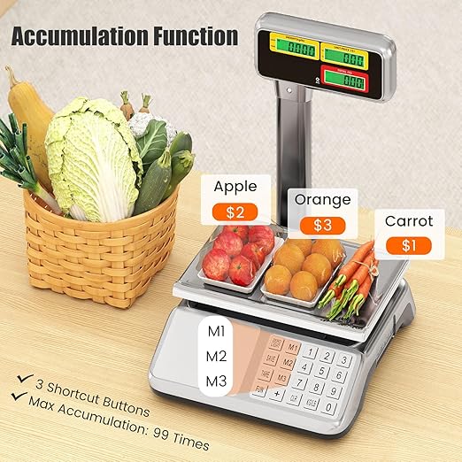 S AFSTAR Price Computing Scale with Pole Display, 88 lb Commercial Food Scale with Stainless Steel Platform, Rechargeable Battery, Tare & Count Function, Digital Market Scales for Retail Outlet, Meat
