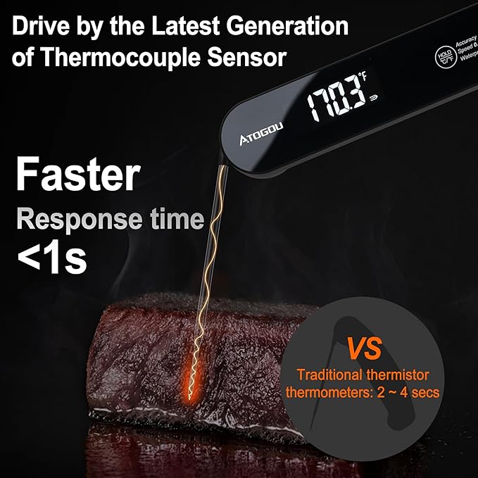 The Latest Thermocouple Food Thermometer. Faster: <1 Second Response time. More Accurate: ±0.5°F (0.3°C), IPX7 Waterproof, for Meat/Candy/Grill/BBQ etc. TH-22 Black
