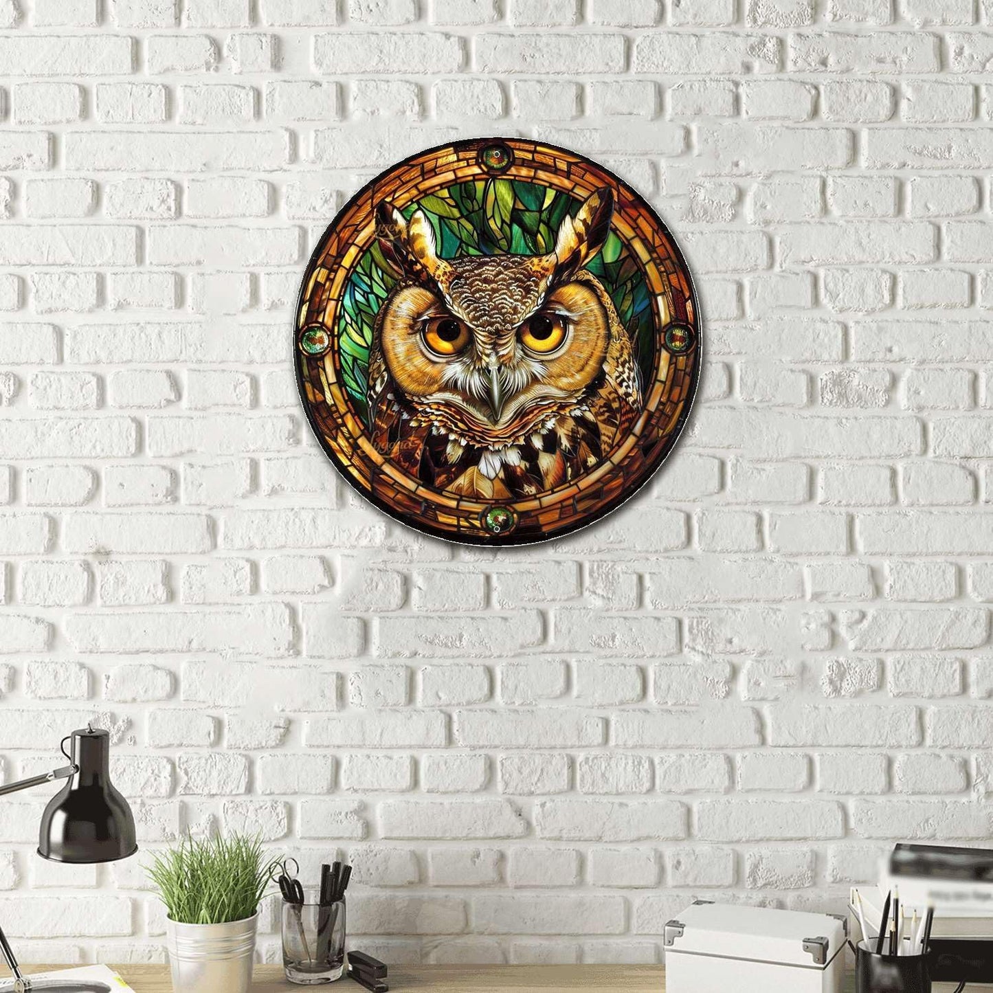 Lygond Metal Sign Tin Sign Circular Stained Glass Owl Home Deccor Store Home Decor for Patio 12×12 Inches