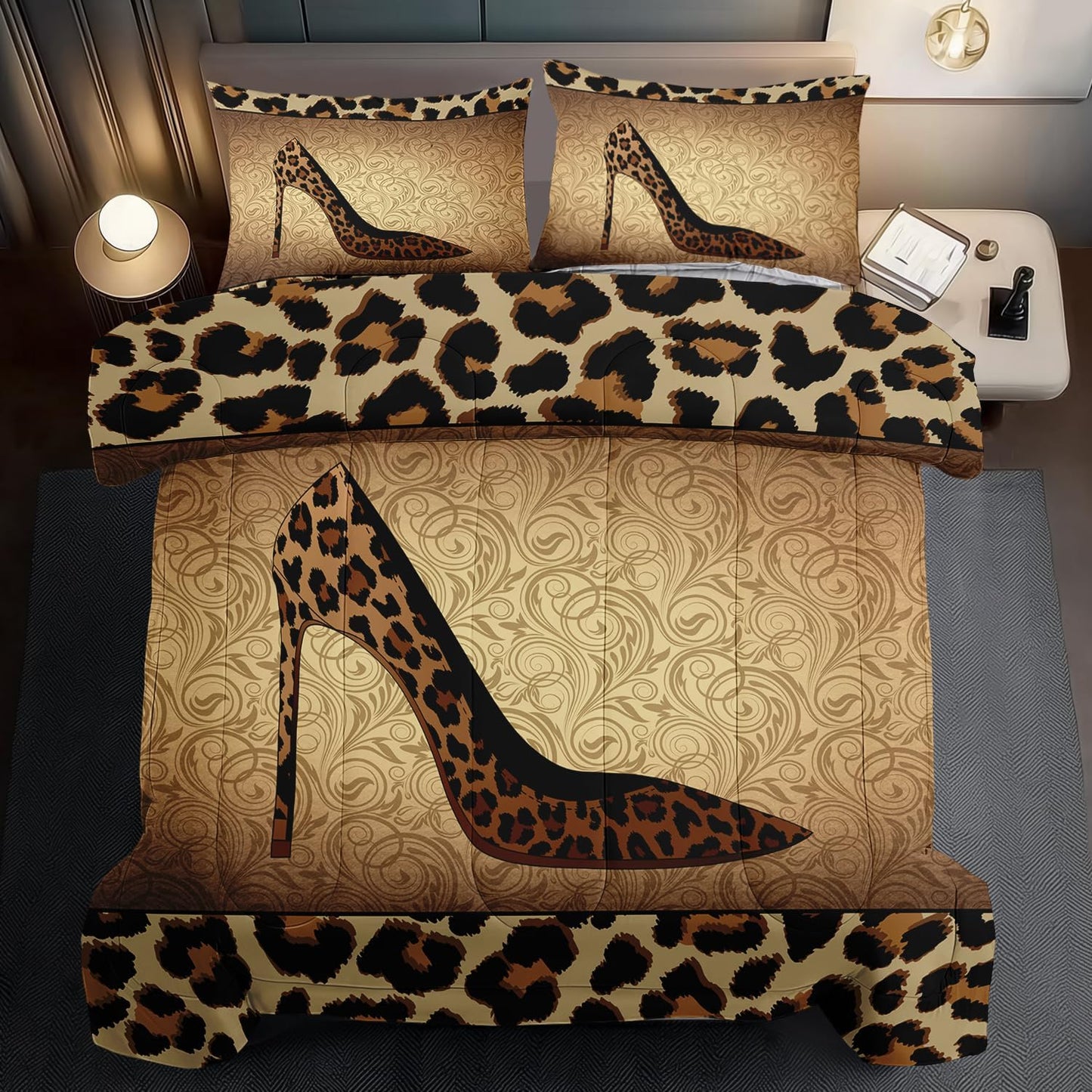 Leopard Comforter Set King Girls,Sexy High Heel Comforter for Women,Leopard Print Bedding Set King Adult,High Heel Quilt Bedroom Decor,African Animal Print Bedding Quilt