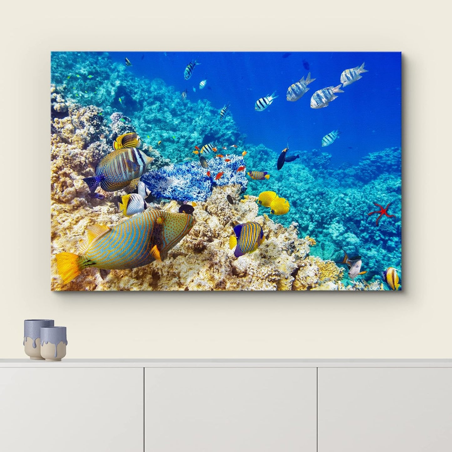 wall26 Canvas Print Wall Art Underwater Neon Blue Teal Ocean Water Fish Nature Animals Photography Realism Rustic Scenic Landscape Wilderness Earth for Living Room, Bedroom, Office - 24"x36"