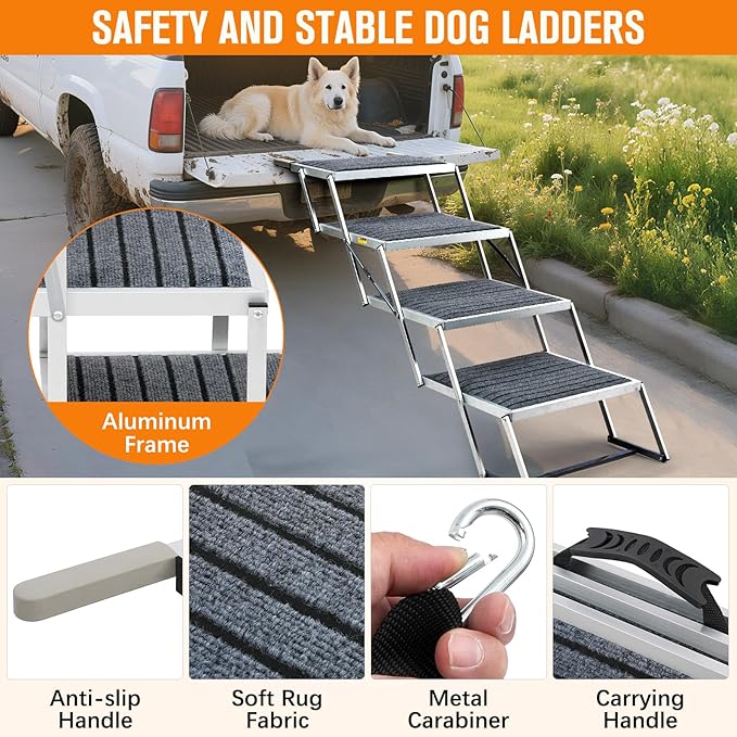 20" Extra Wide Dog Ramp, 4-Step Foldable Pet Stairs with Non-Slip Carpet - Lightweight Aluminum for SUV/Truck/Car & High Beds - Supports Large Dogs up to 200Lbs