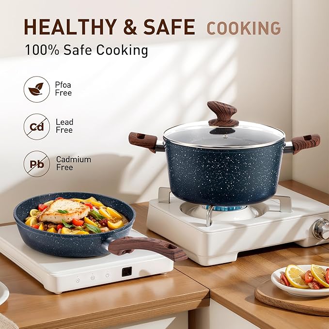 DisDelight Pots and Pans Set Non Stick, Nonstick Induction Granite Kitchen Cookware Sets, Induction Nonstick Granite Cooking Set, Induction Cookware Cooking Pan Set, Pan Sets for Cooking, Blue