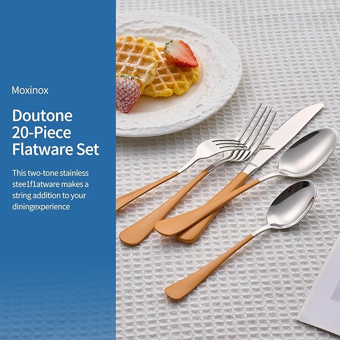 20-Piece Orange Silverware Set, 18/0 Stainless Steel Orange Handle Flatware Set, Service for 4, Modern Cutlery Set Includes Dinner Knives Forks Spoons, Mirror Polished, Dishwasher Safe