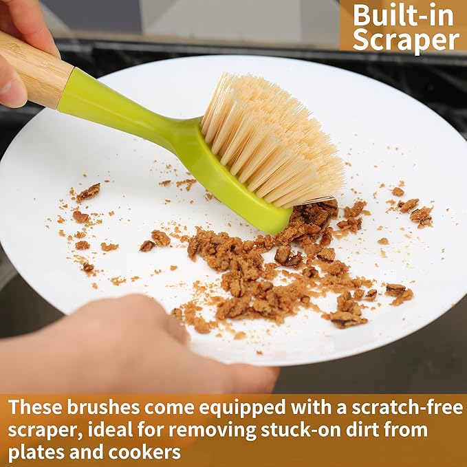 2 Pack Kitchen Dish Brush Bamboo Handle Dish Scrubber Built-in Scraper, Scrub Brush for Pans, Pots, Kitchen Sink Cleaning, Dishwashing and Cleaning Brushes are Perfect Cleaning Tools, Color-Green