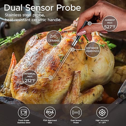 CulinaMeter One: 750FT Wireless Meat Thermometer with LCD Screen, Digital Cooking Food Thermometer for Beef Lamb Turkey, Dual Sensor Measures Internal & Ambient Temp