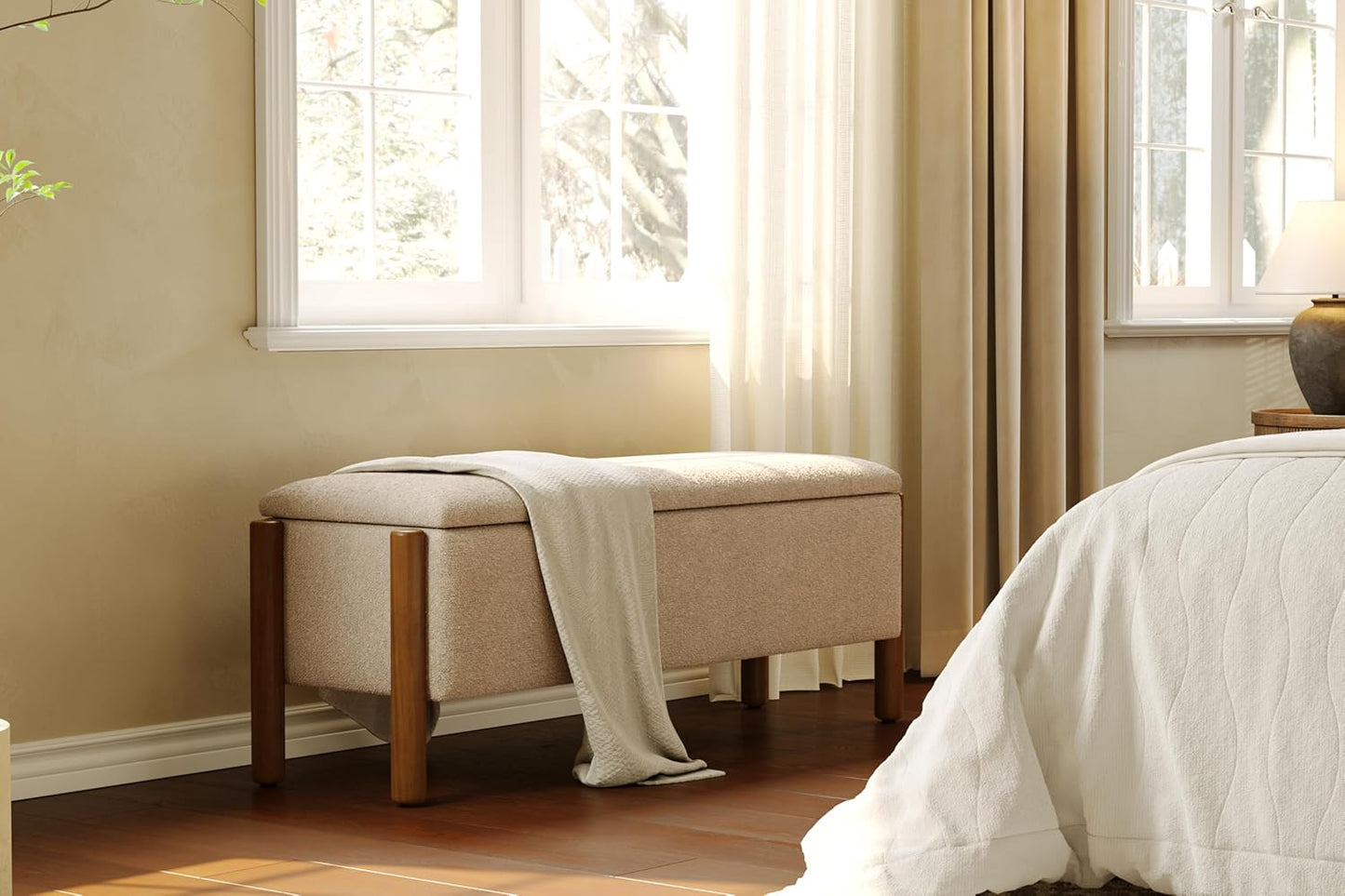 Modern Storage Benches with Walnut Wood Legs, 47'' Ottoman Bench with 20 Gallons Storage Space for Bedroom End of Bed, Fabric Upholstered Entryway Bench with Seating for Livingroom, Beige