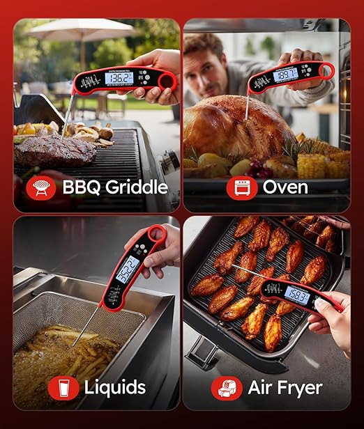 Meat Thermometer Digital - Instant Read Food Thermometer for Cooking Grilling, Candy, Air Fryer, Griddle Probe Kitchen Gadgets Essentials BBQ Accessories, Gifts for Him, Red