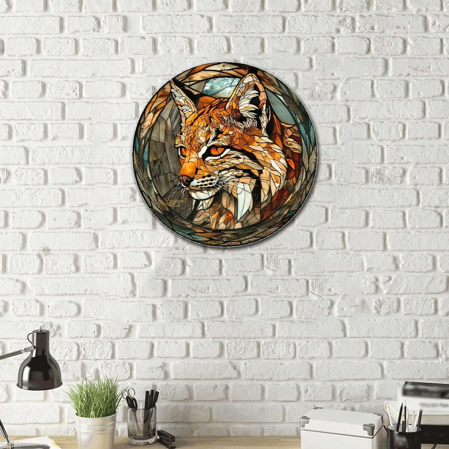 Lygond Metal Sign Tin Sign Circular Stained Glass Bobcat Funny Outdoor Decor for Club 8×8 Inches