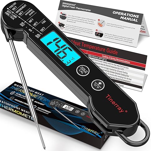 Digital Meat Thermometer for Cooking, Grilling & BBQ - Ultra-Fast Instant Read Thermometer with Waterproof Design,Backlight & Calibration - Perfect for Candy Making, Deep Frying, Turkey, Beef (Black)