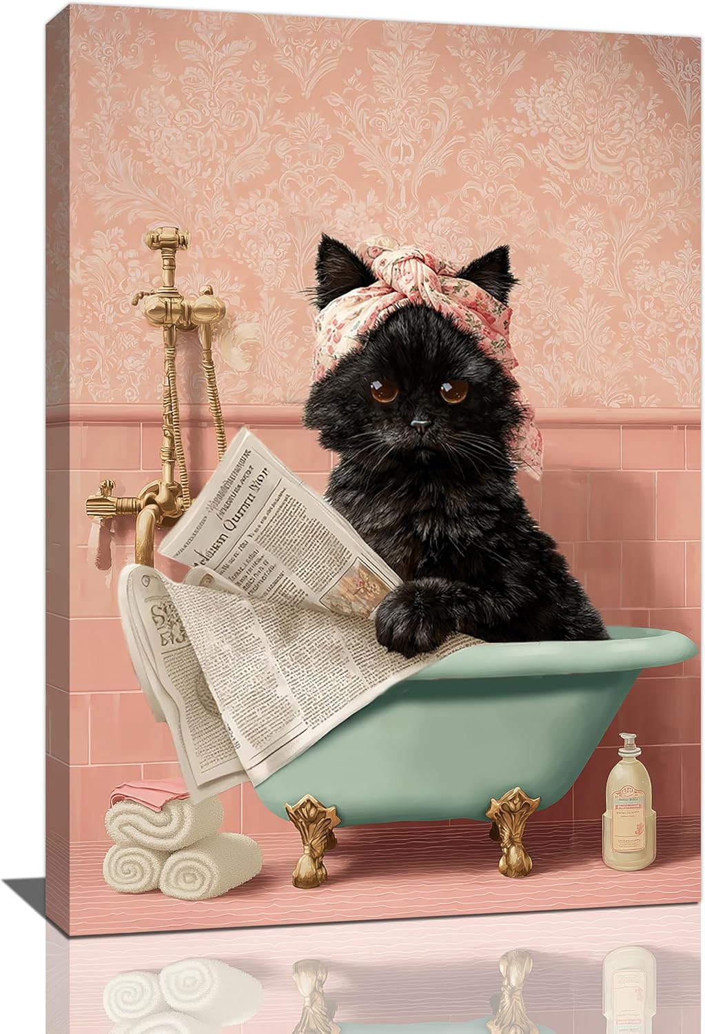 Cat Bathroom Wall Decor Black Cat Reading Newspaper in Bathtub Canvas Wall Art Funny Bathroom Pictures Kitten Painting Print Pink Artwork Framed Decorations Gifts 16"x24"