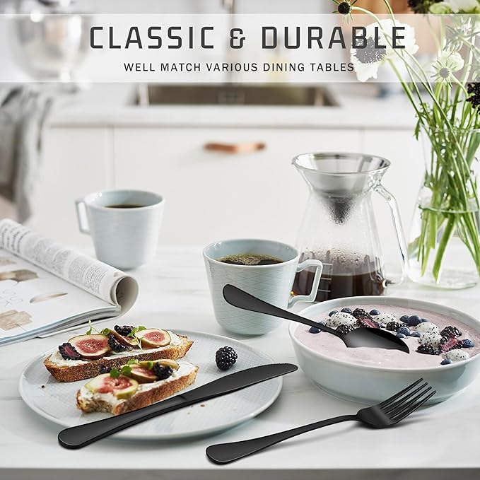 HaWare 24-Piece Black Silverware Set with Steak Knives, Stainless Steel Cutlery Set, Food Grade Flatware Set Service for 4, Mirror Finished Tableware for Home Restaurant, Include Knives, Forks, Spoons