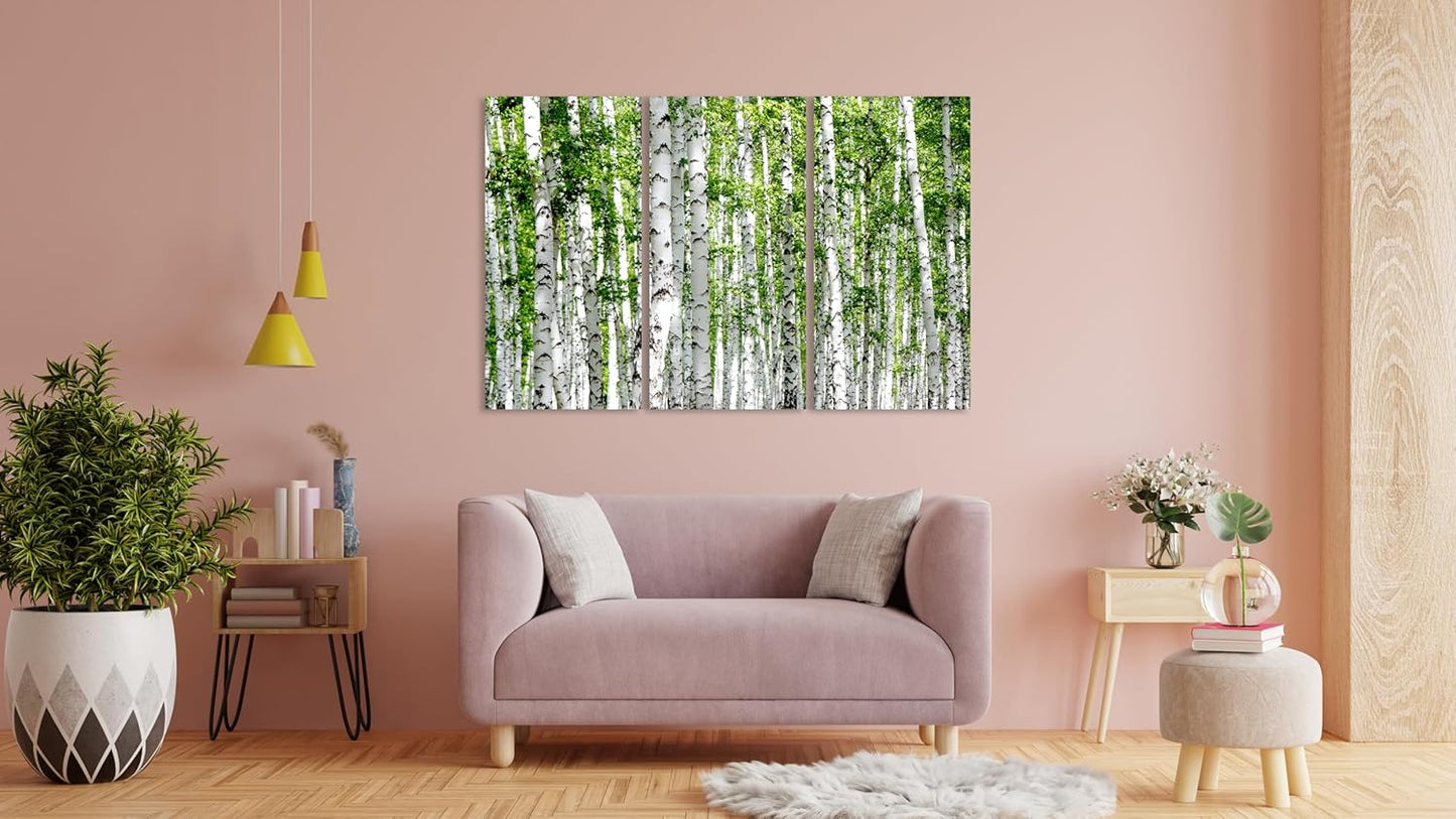 Nature Wall Art Prints - Ocean Forest Mountain Lake Canvas Landscapes - Small to Extra Large Living Room Bedroom Kitchen Bathroom Décor (Green Brich Trees, 55L" x 83W"- 3 Panels)