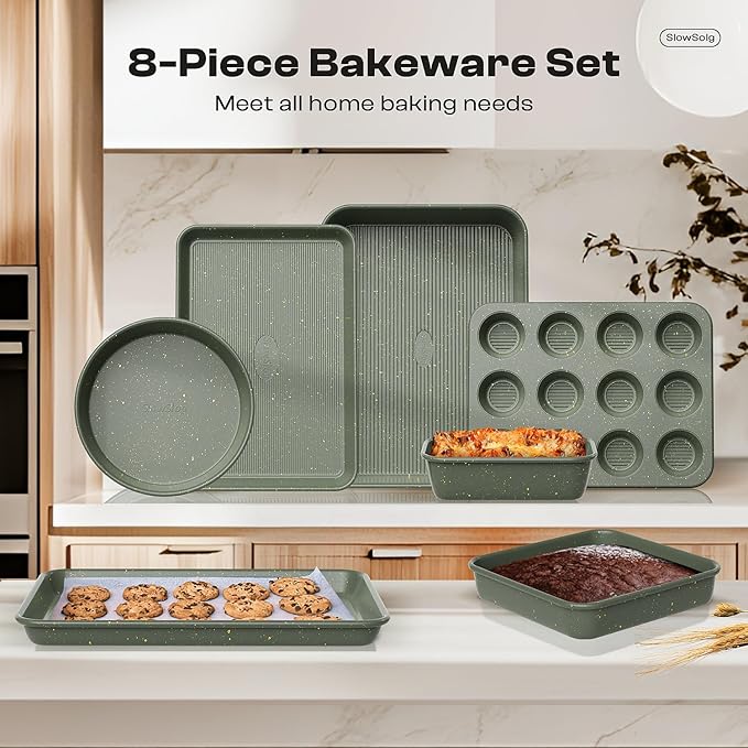 12-Piece Nonstick Baking Set, Non-Toxic Bakeware Sets with Baking Sheet, Cake Pan, Square Pan, Loaf Pan, Roasting Pan, Muffin Pan, Cookie Sheet, Cooling Rack & Kitchen Utensilss - Ceramic Coated Green