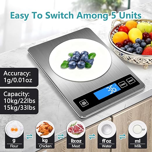 Food Scale, 33lb Digital Kitchen Scale, 1g/0.1oz Precision for Baking, Cooking, Meal Prep, Postage | Rechargeable Type-C, Tare Function, LCD Display Stainless Steel and Tempered Glass