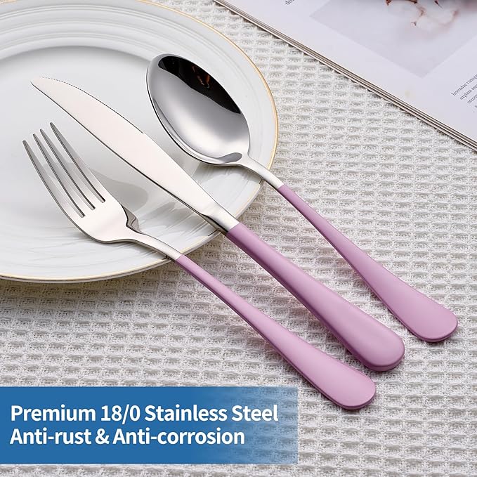 20-Piece Light Purple Silverware Set, 18/0 Stainless Steel Purple Handle Flatware Set, Service for 4, Modern Cutlery Set Includes Dinner Knives Forks Spoons, Mirror Polished, Dishwasher Safe
