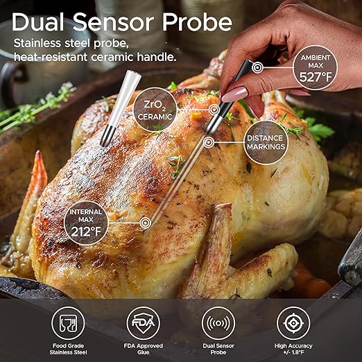 CulinaMeter Two: 2 Probes Wireless Meat Thermometer with LCD Screen, 750FT Digital Cooking Food Thermometer for Beef Lamb Turkey, Dual Sensor Measures Internal & Ambient Temp