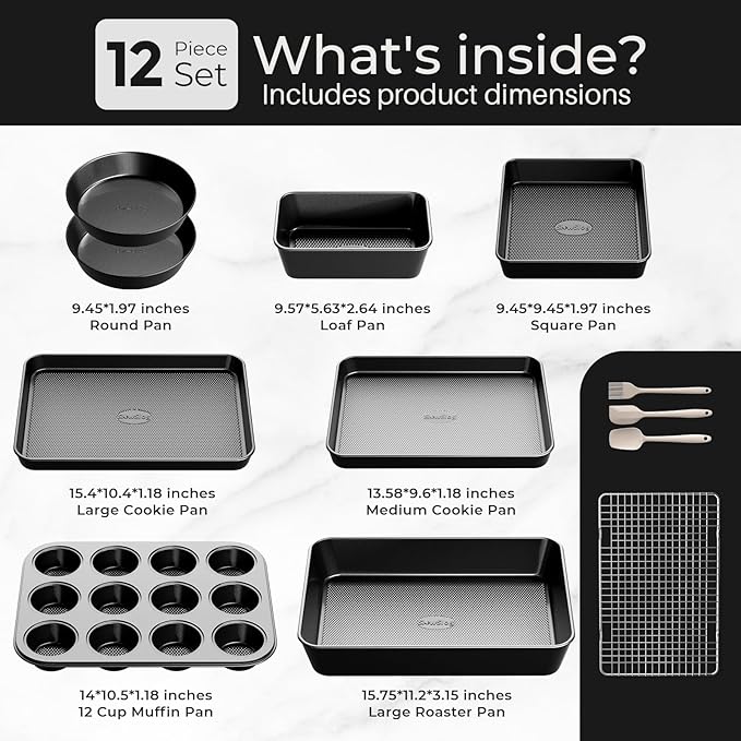12-Piece Nonstick Bakeware Set, Stackable Non Toxic Baking Pans Set with Rack & Kitchen Utensils, Cookie Sheets Set, Cake Pan, Muffin Pan, Loaf Pan, Roasting Pan, Black