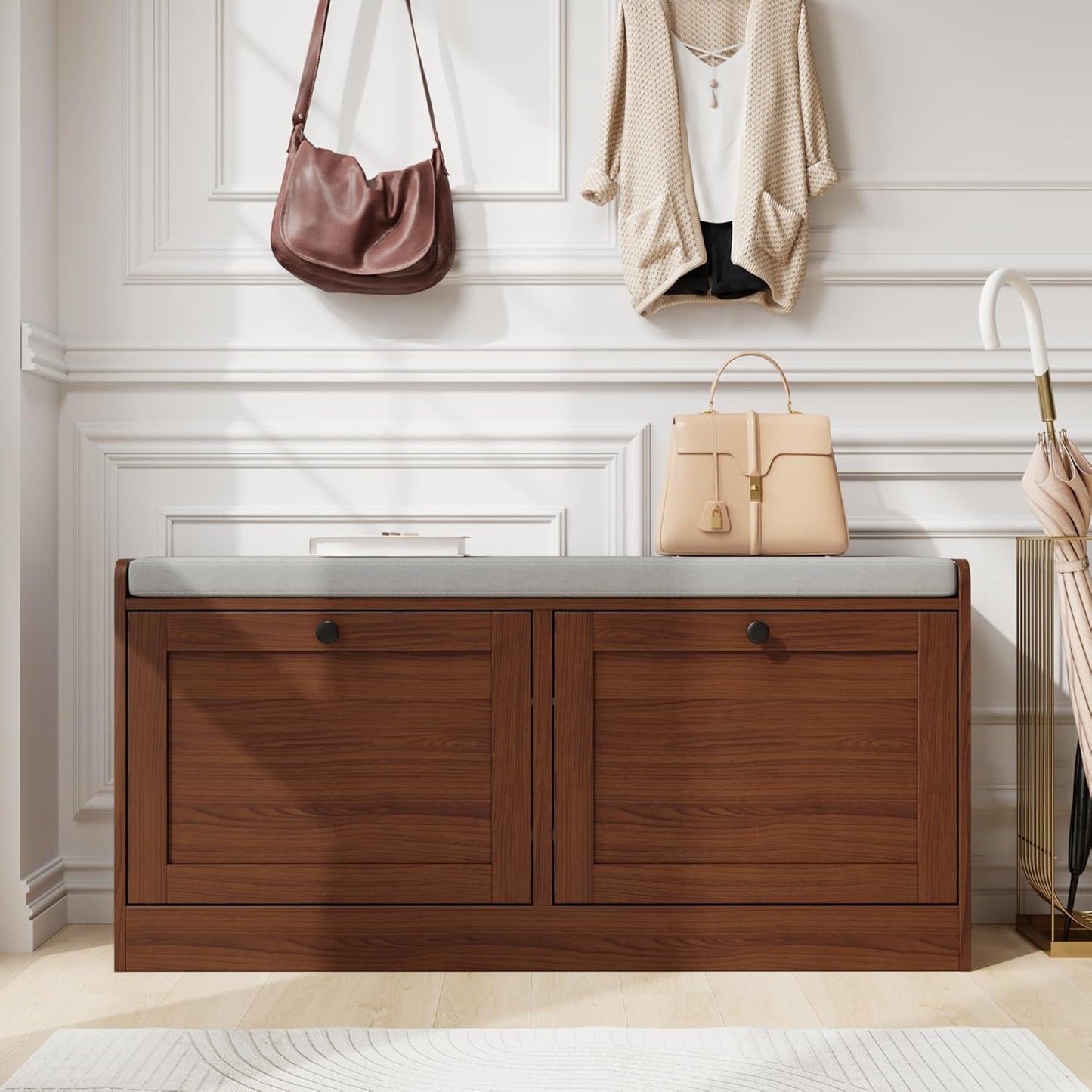 MHOM Brown Modern Entryway Bench with 2 Flip Drawers, Entryway Shoe Bench with Padded Seat Cushion, Wooden Storage Bench for Bedroom and Apartment