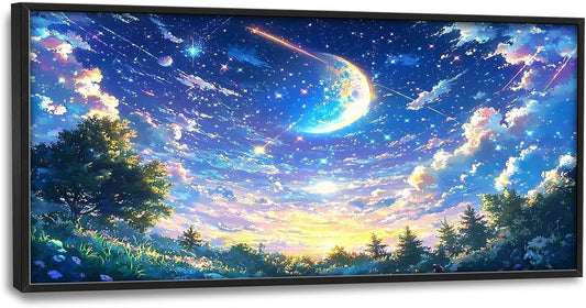 Framed Large Anime Sky Wall Art for Living Room, Oversized Fantasy Night Sky Forest Wall Decor Nature Canvas Painting Modern Artwork Home Decoration for Living Room Bedroom Office 60"x30"