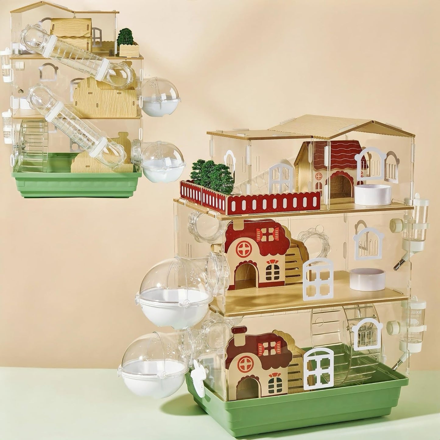 17 in 1 Clear Acrylic Hamster Cage with All Accessories,13.5''L* 10''W* 21''H Dwarf Hamster Cage,Magnetic Connection Small Hamster Enclosure,Garden Style Wooden Pet Mouse Cage for Pet Mice(3-Layer)