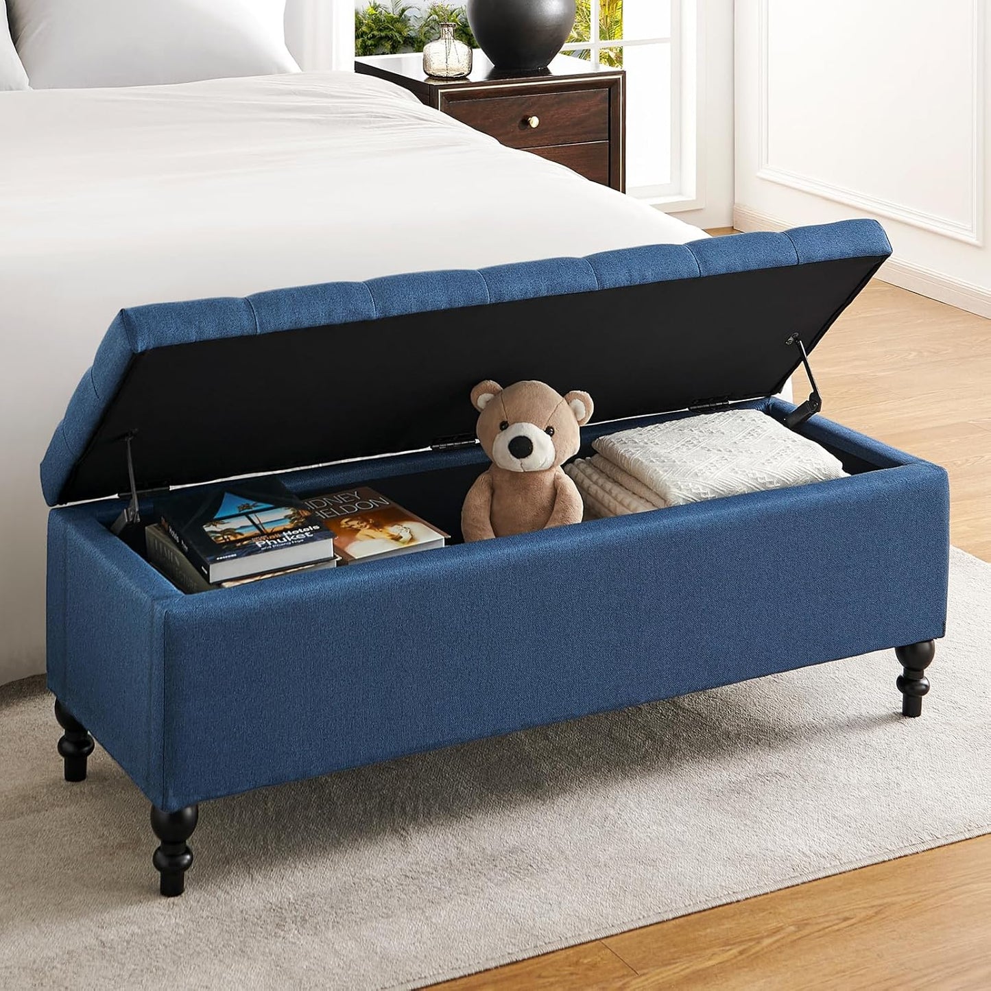 Ottoman with Storage,50.2-inch Upholstered End of Bed Storage Bench for Bedroom,for The Living Room,for Entryway, with Tray & Button and Safety Hinges,Detachable (Blue)