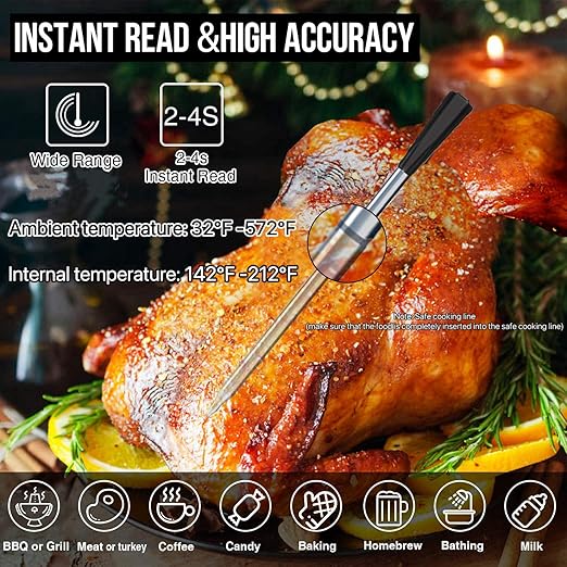 Wireless Bluetooth Meat Thermometer, 820ft Range, VA HD Digital Display, Instant Read, Waterproof Probe for Grilling, Oven, Air Fryer, Smoker, Turkey, Steak, Kitchen Cooking