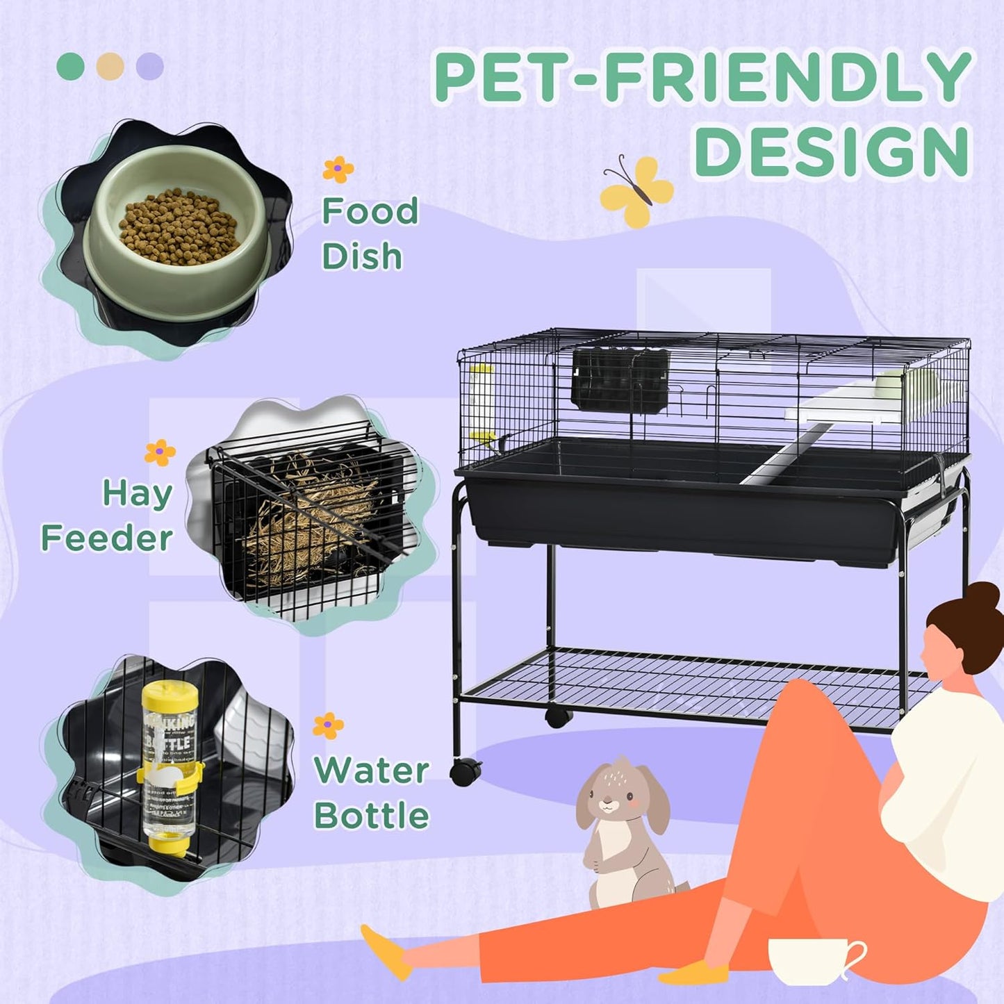 PawHut Two-Story Small Animal Cage Removable from Stand, Guinea Pig Cage with Shelf & Wheels, Pet Habitat for Hedgehog, Chinchilla, Ferret, 39" x 20.5" x 36.5", Black