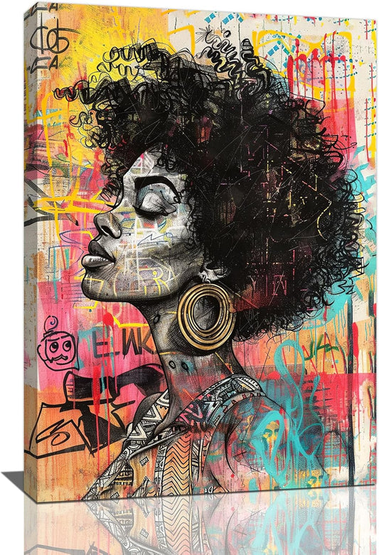 Quorin African American Wall Art Banksy Graffiti Black Woman Pictures Black Girl Wall Decor Canvas Print Painting Artwork for Bathroom Living Room Bedroom 16"x24"