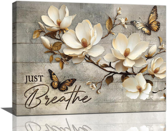 Floral Magnolia Bathroom Pictures Wall Art, Just Breathe Bathroom Wall Decor, Flower Butterfly Framed Painting Canvas Artwork for Bedroom Living Room Decorations 20"L x 16"W