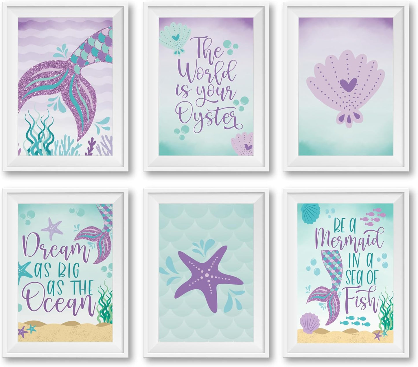 Hadley Designs 6 Mermaid Wall Decor – Reversible Magical Mermaid Wall Art for Nursery & Bathroom, Under the Sea Unframed Ocean-Themed Room Decor Prints for Girls' Bedroom