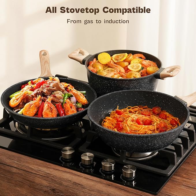 13 Pcs Pots and Pans Set, Nonstick Cookware Sets Black Granite Induction Cookware, Non-toxic Healthy Non stick Kitchen Cooking Set with Frying Pans Set, Saucepans (PFAS/PFOA/PFOS Free)