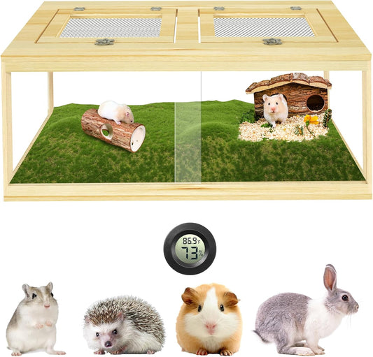 32" Hamster Habitat Enclosure, Lockable Sliding Door Gerbil Cage, Dwarf Hamster Cage with Metal Mesh Roof, Chewproof Syrian Hamster Cage for Mice, Small Animal, (Wooden, 32" L x 16" W x 16" H)