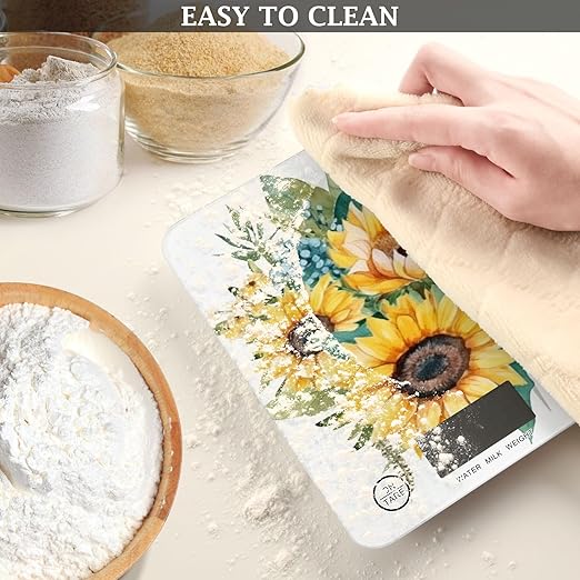 Digital Food Scale Sunflowers White – Fashion Design, 11lb/0.01oz, Tempered Glass, Kitchen Scales with LCD Display for Baking & Cooking, Batteries Not Included
