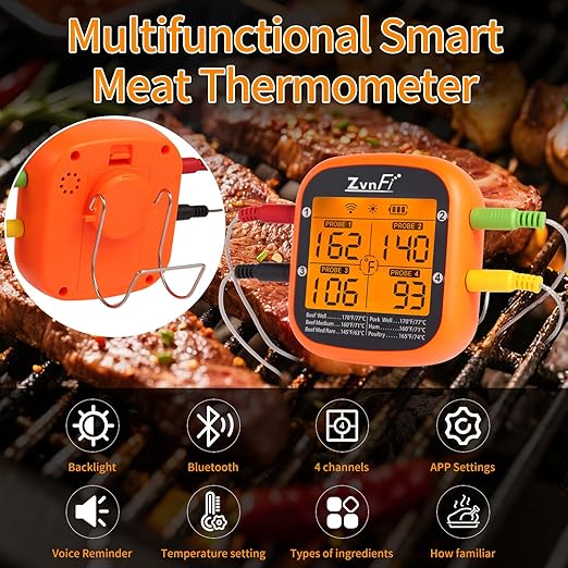 Instant Read Food Meat Thermometer Wireless Digital with LCD Display and 4 Stainless Probes,Advanced Electronic Thermometer Waterproof for BBQ Cooking Kitchen Outside Grill