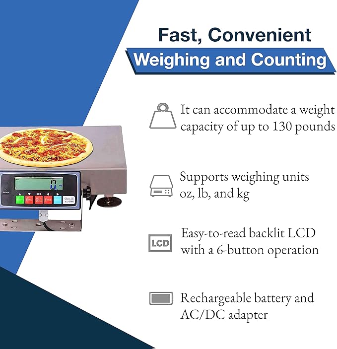 PEC Stainless Steel Bench Scale, Food/Pizza Scale for Kitchen and Restaurant, Capacity/Accuracy 130x0.002lb (with USB)